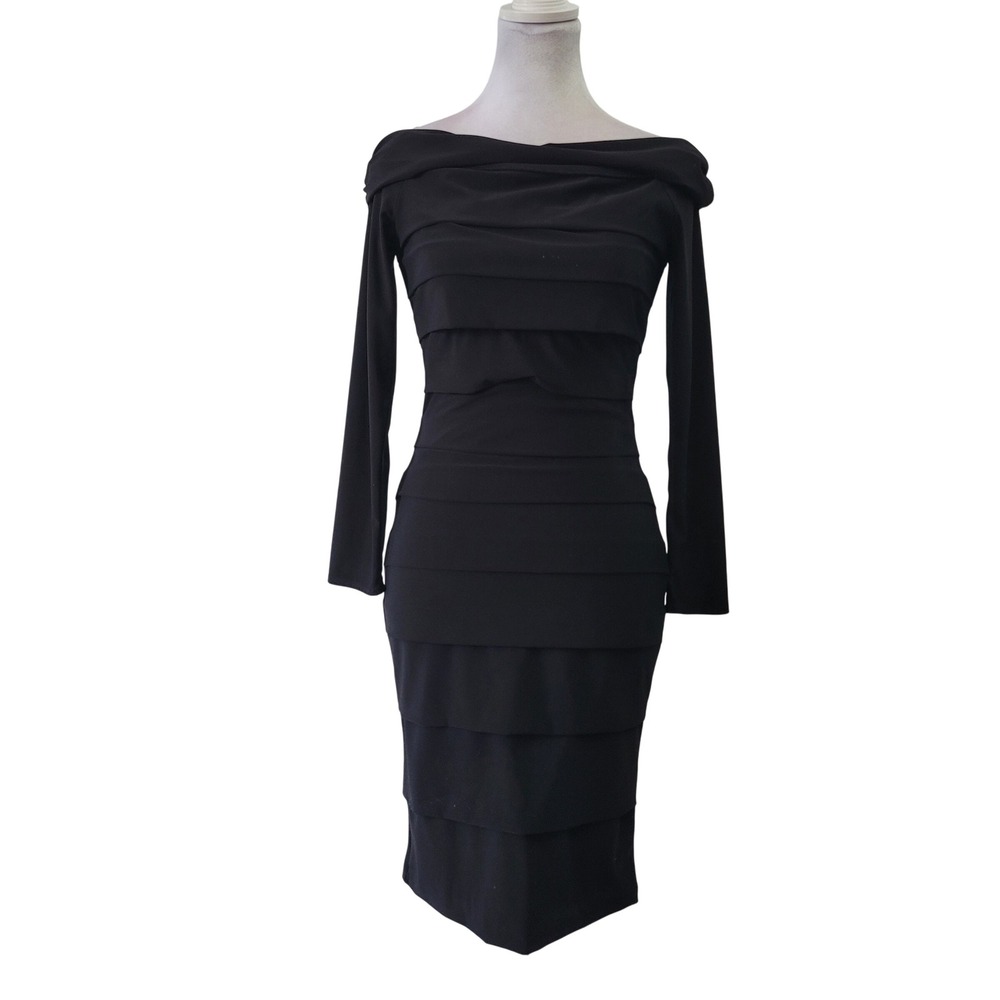 White House Black Market Black Tiered Ruffle Off Shoulder Dress Size 4 Cocktail